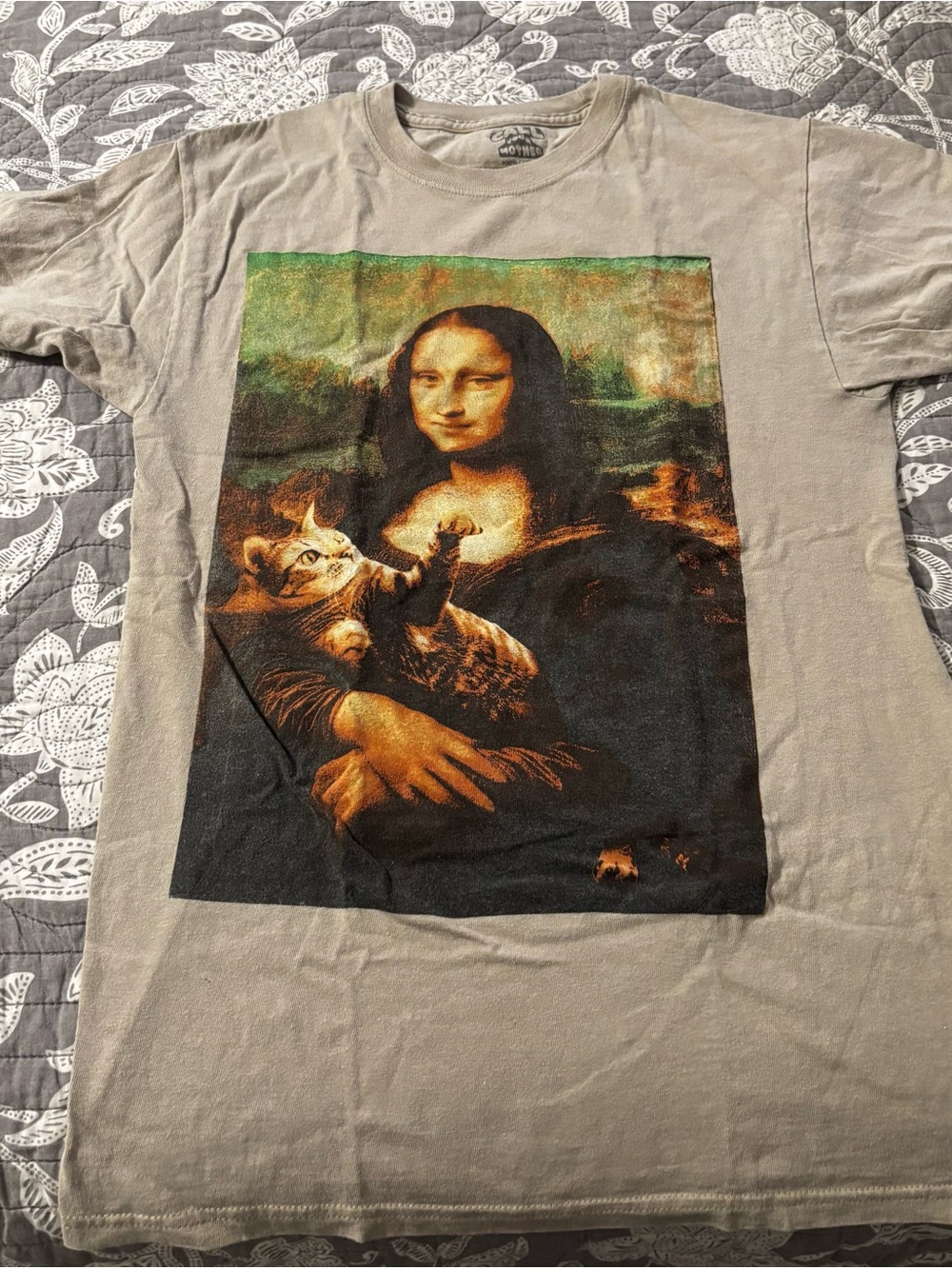 Graphic Mona Lisa Cat Short Sleeve Tee - Beige